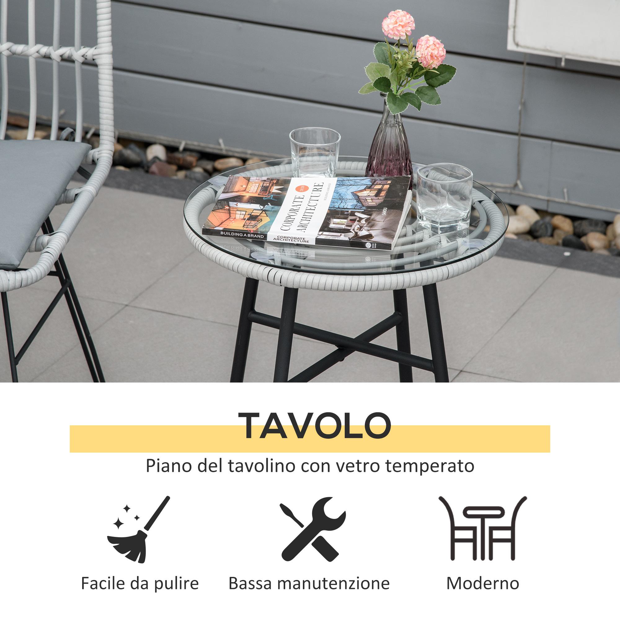 Set Tavolino e 2 Sedie in Rattan Polietilene Grigio