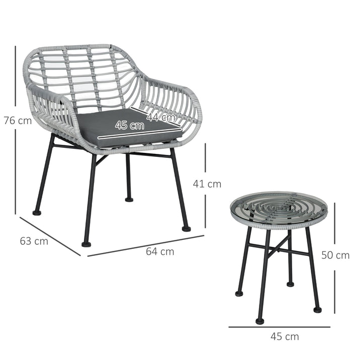 Set Tavolino e 2 Sedie da Giardino in Rattan PE e Cuscini Grigio