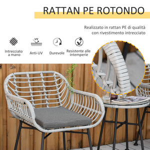 Set Tavolino e 2 Sedie da Giardino in Rattan PE e Cuscini Grigio