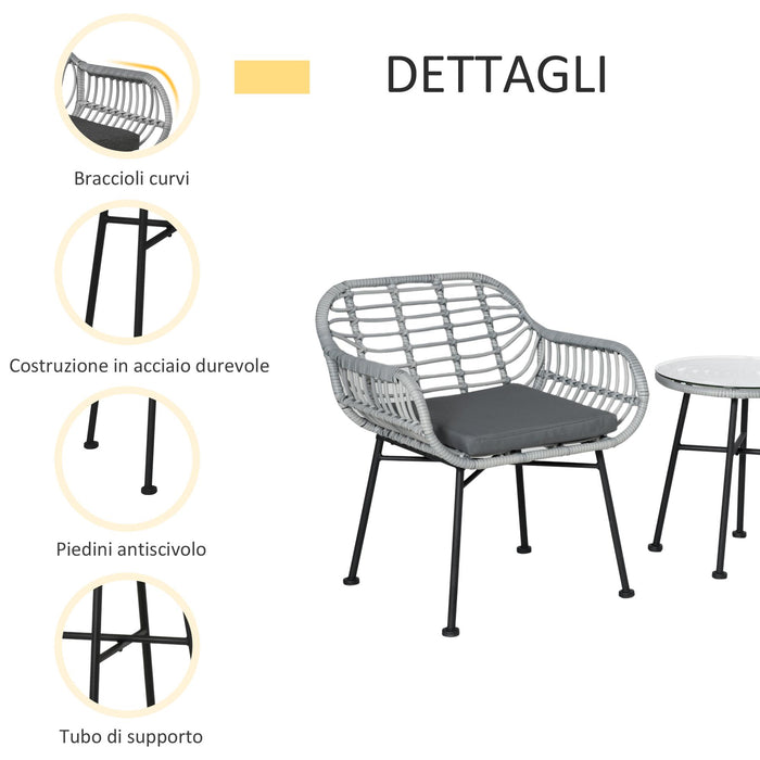 Set Tavolino e 2 Sedie da Giardino in Rattan PE e Cuscini Grigio