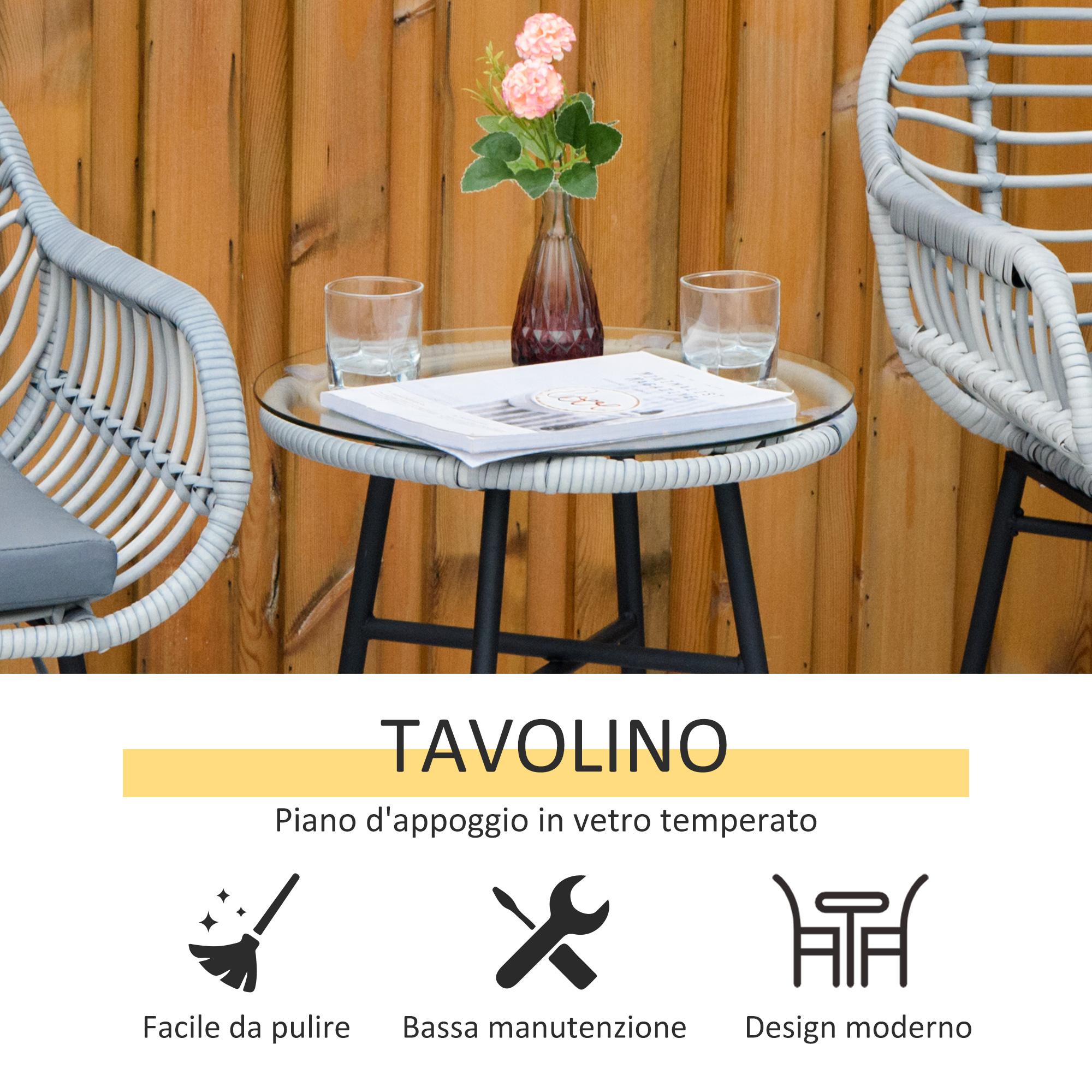 Set Tavolino e 2 Sedie da Giardino in Rattan PE e Cuscini Grigio