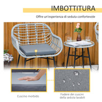 Set Tavolino e 2 Sedie da Giardino in Rattan PE e Cuscini Grigio