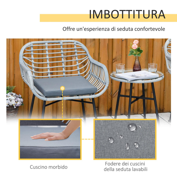 Set Tavolino e 2 Sedie da Giardino in Rattan PE e Cuscini Grigio