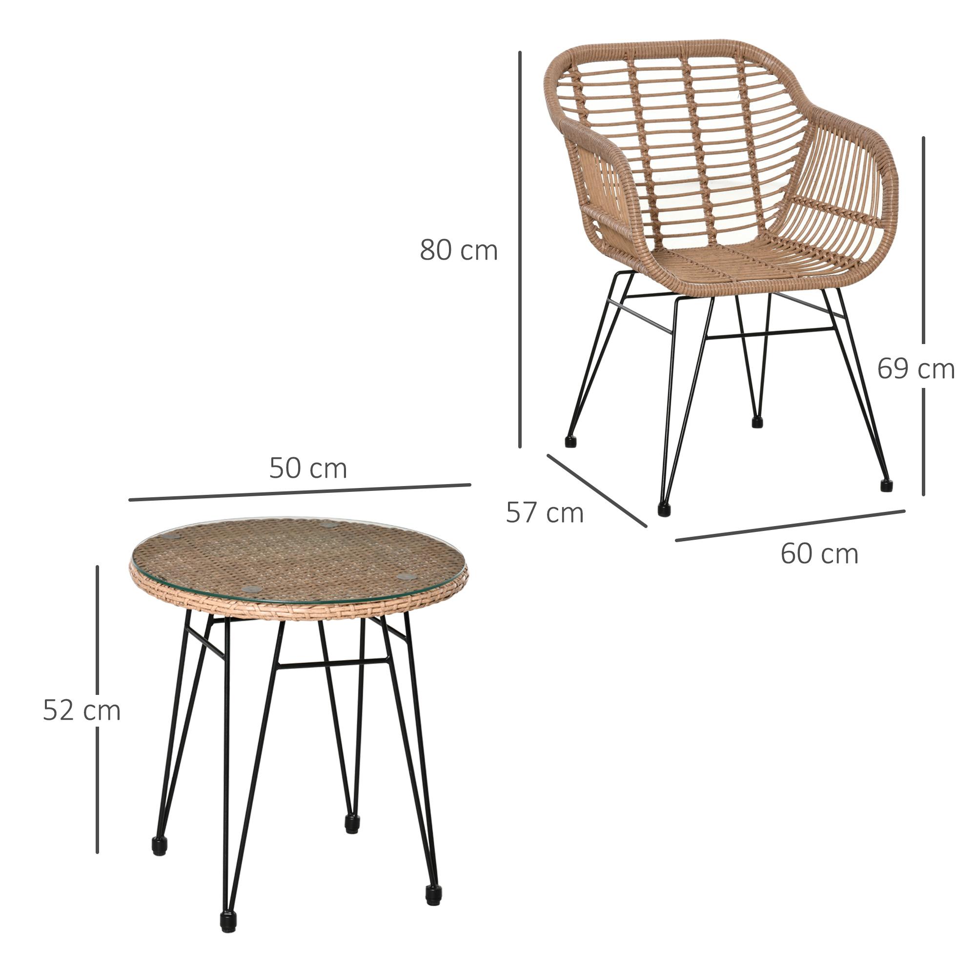 Set Tavolino e 2 Sedie da Giardino in Rattan PE Naturale Cuscini Grigi