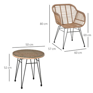 Set Tavolino e 2 Sedie da Giardino in Rattan PE Naturale Cuscini Grigi