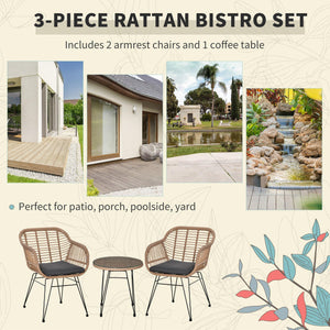 Set Tavolino e 2 Sedie da Giardino in Rattan PE Naturale Cuscini Grigi