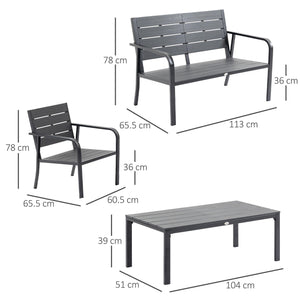 Set Salotto da Giardino Divano 2 Poltrone e Tavolino in Acciaio e HDPE Caffè