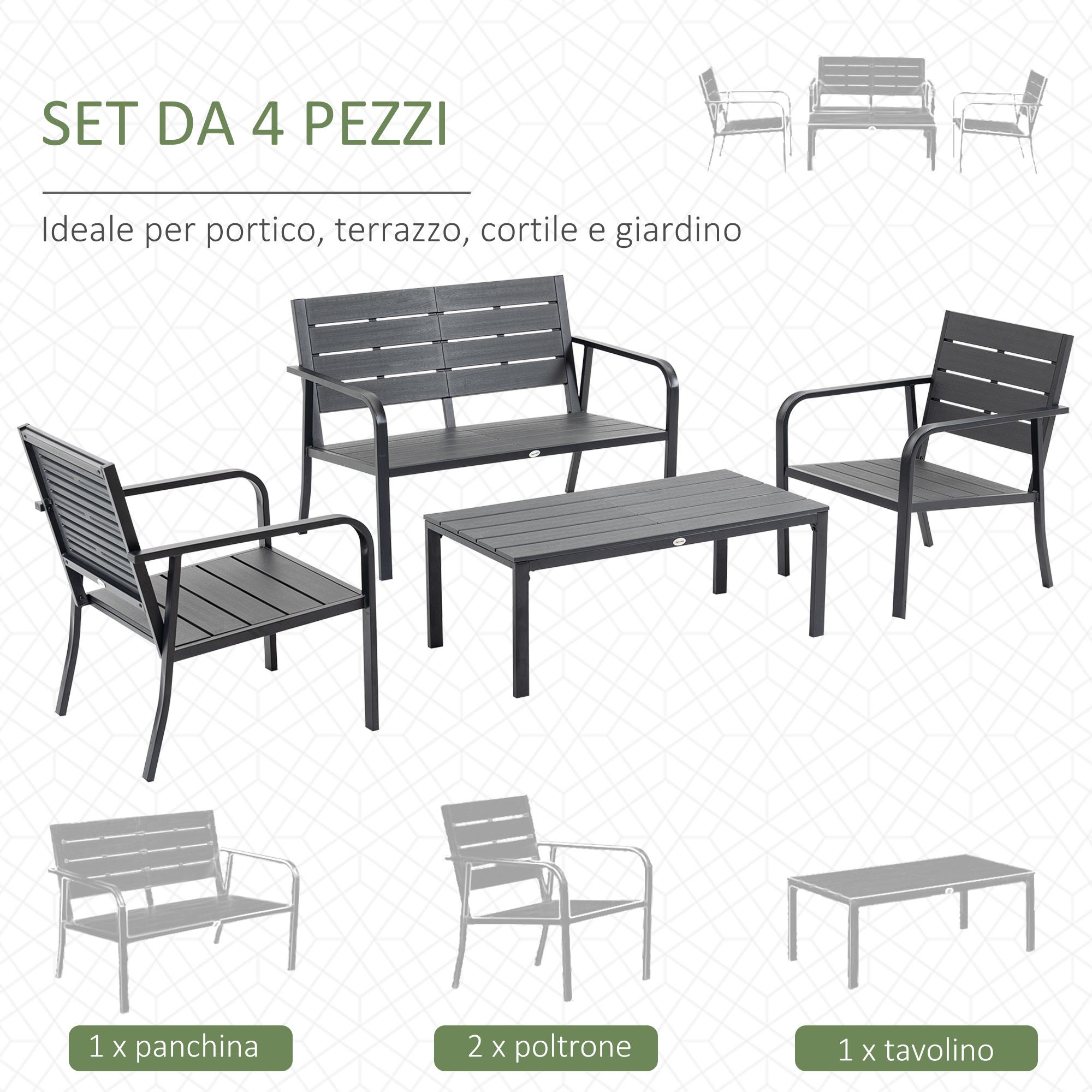 Set Salotto da Giardino Divano 2 Poltrone e Tavolino in Acciaio e HDPE Caffè