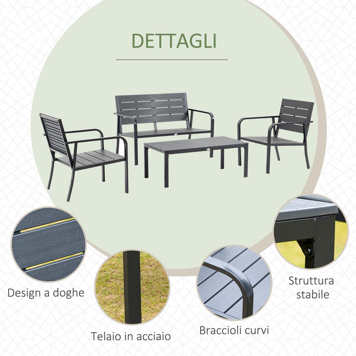 Set Salotto da Giardino Divano 2 Poltrone e Tavolino in Acciaio e HDPE Caffè