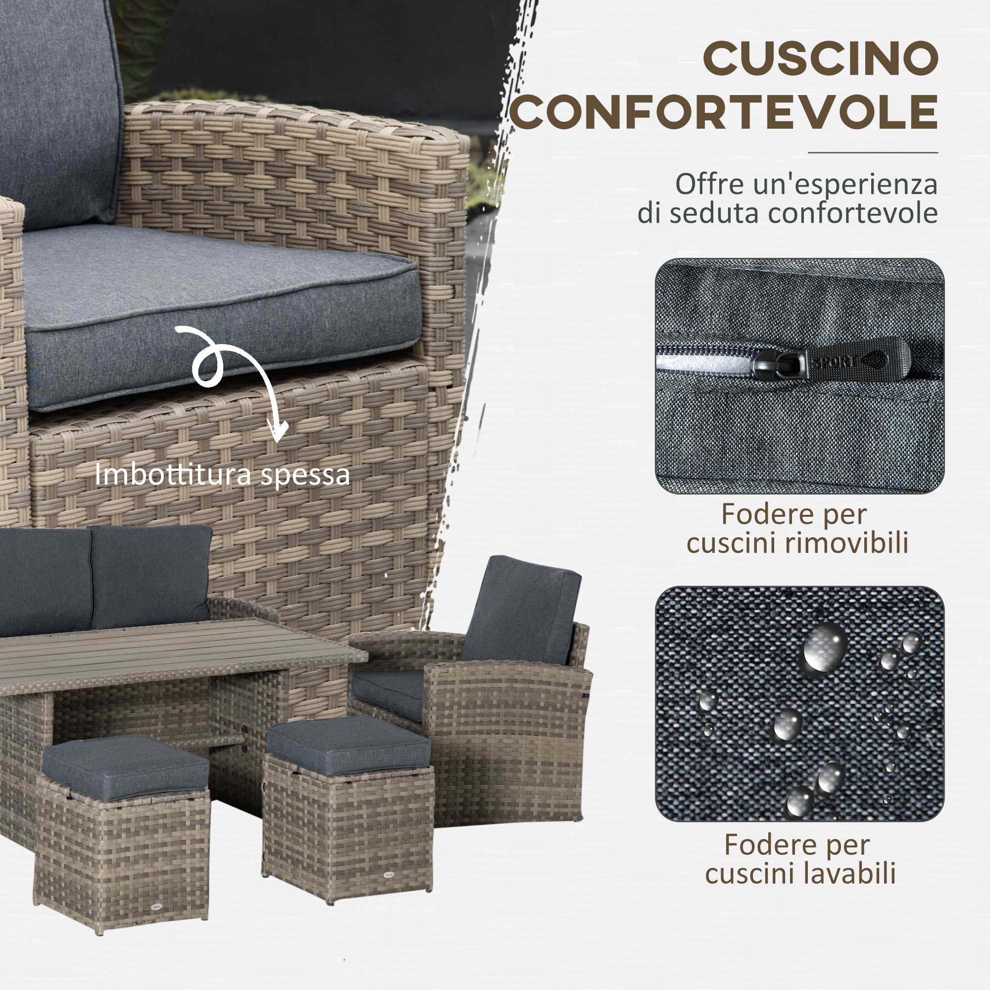 Set Salotto da Giardino Divano 2 Poltrone 2 Sgabelli e Tavolino in Rattan Polietilene Grigio