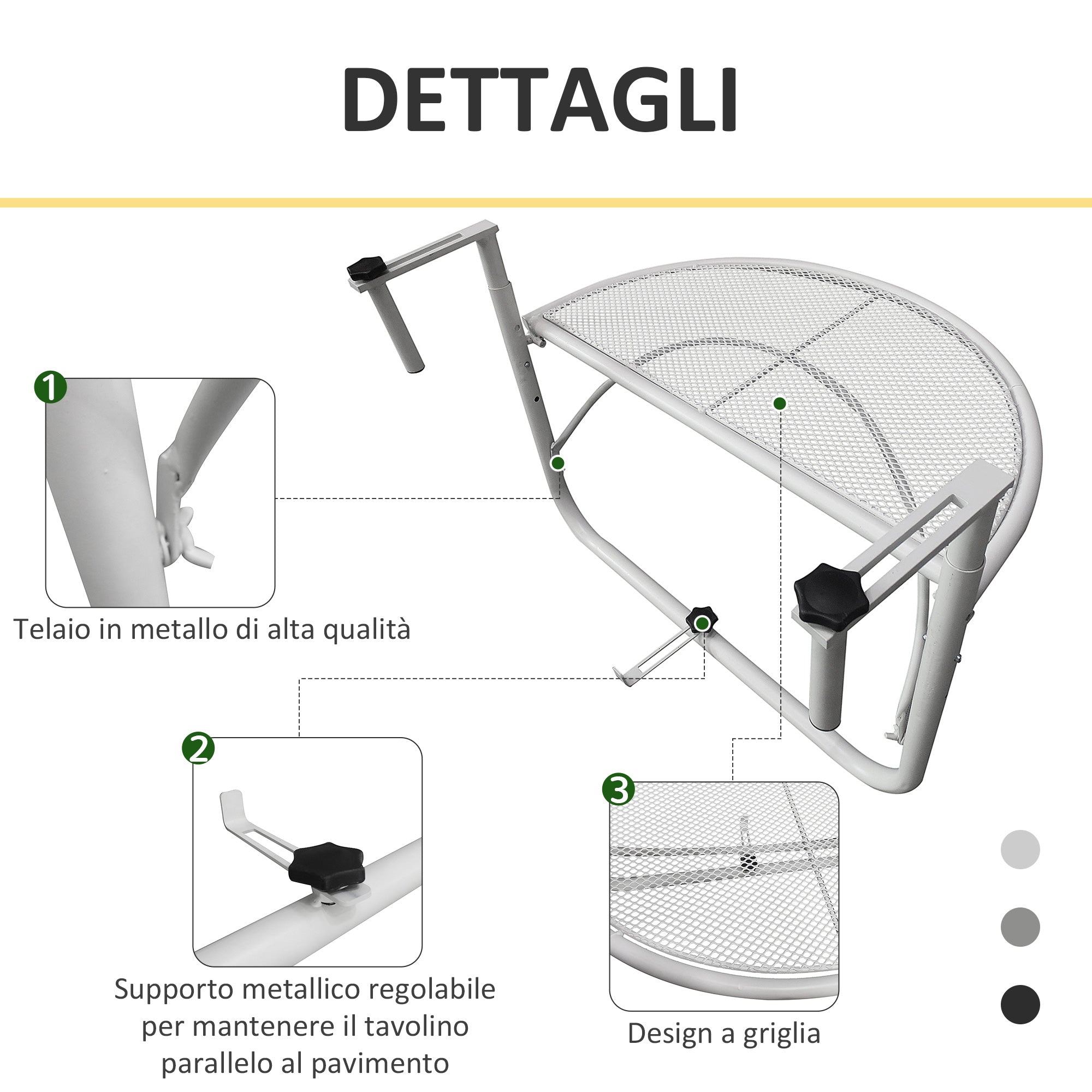 Tavolino da Ringhiera Pieghevole 60x45x50 cm in Metallo Bianco