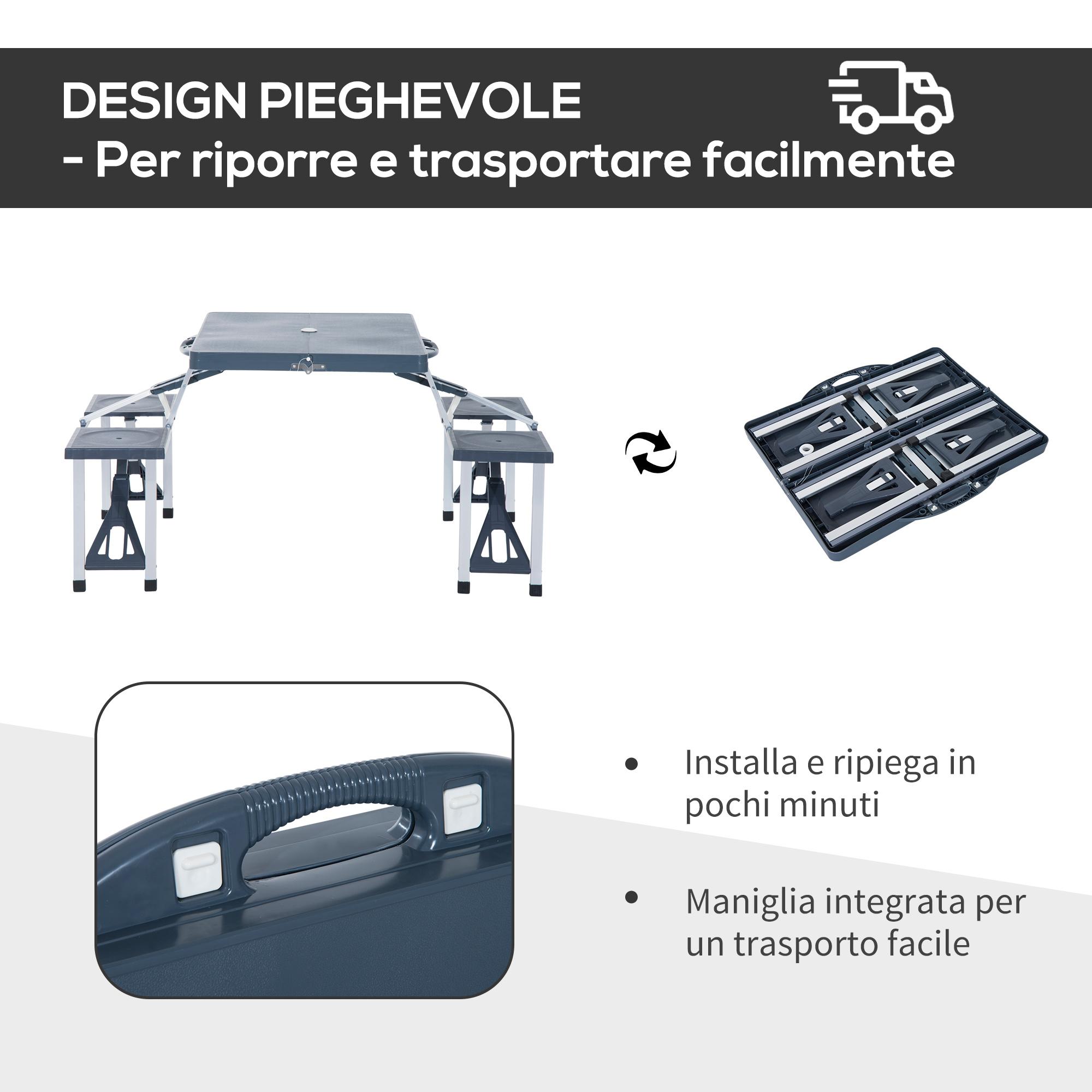 Set Campeggio Tavolino Pieghevole 4 Sedie in Alluminio e Plastica Grigio