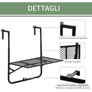 Tavolino da Ringhiera Pieghevole 60x60x57-72 cm in Metallo Nero