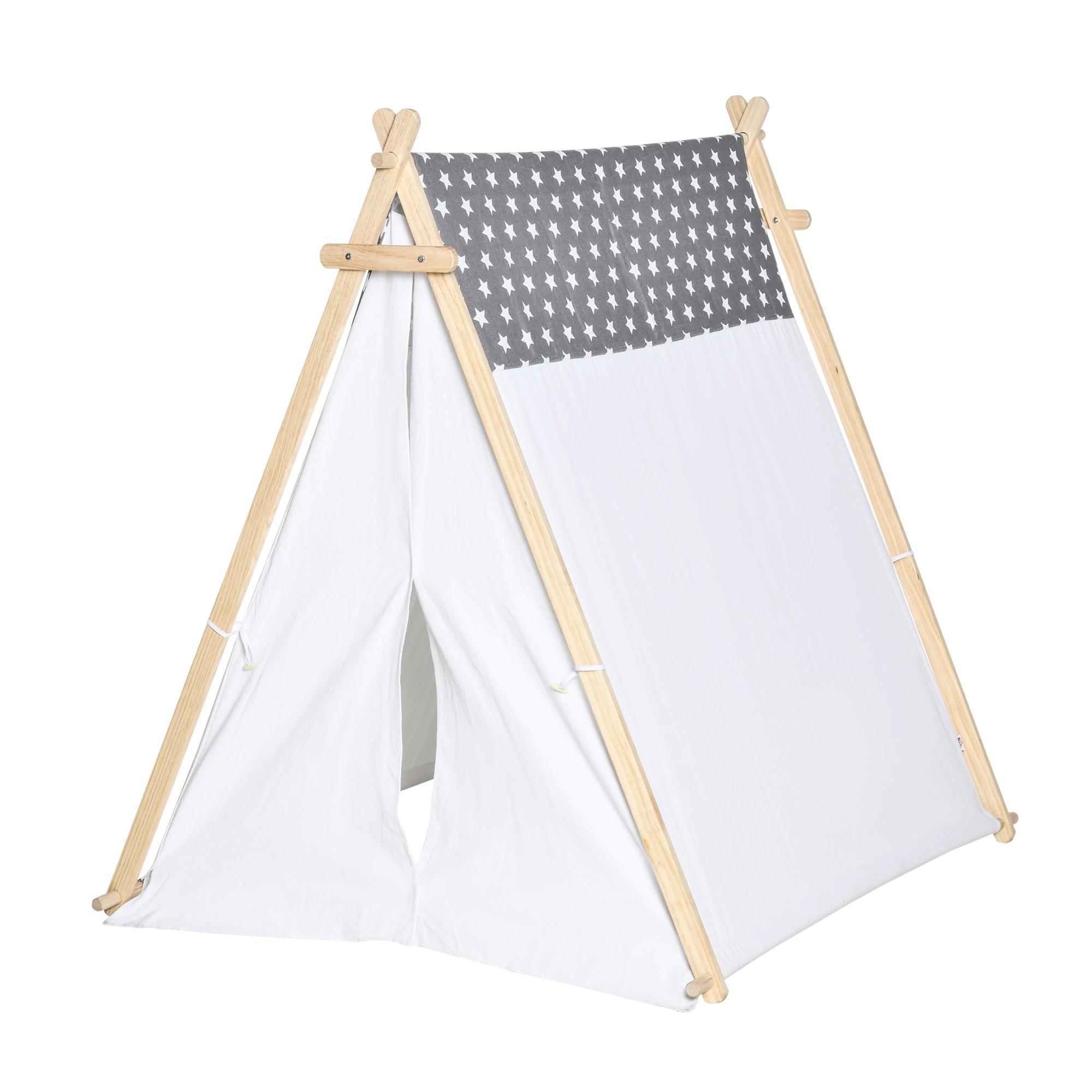 Tenda Indiana per Bambini 130x111x136 cm in Legno e Poliestere Grigia e Bianca