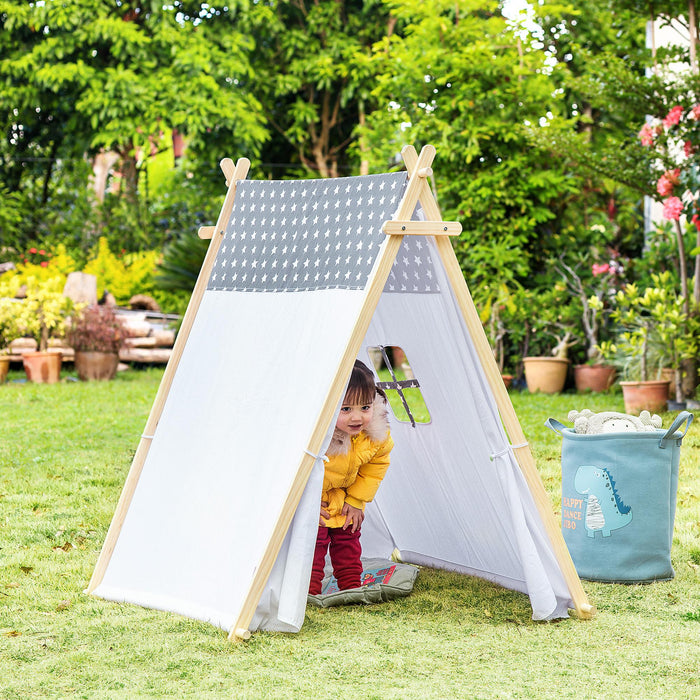 Tenda Indiana per Bambini 130x111x136 cm in Legno e Poliestere Grigia e Bianca