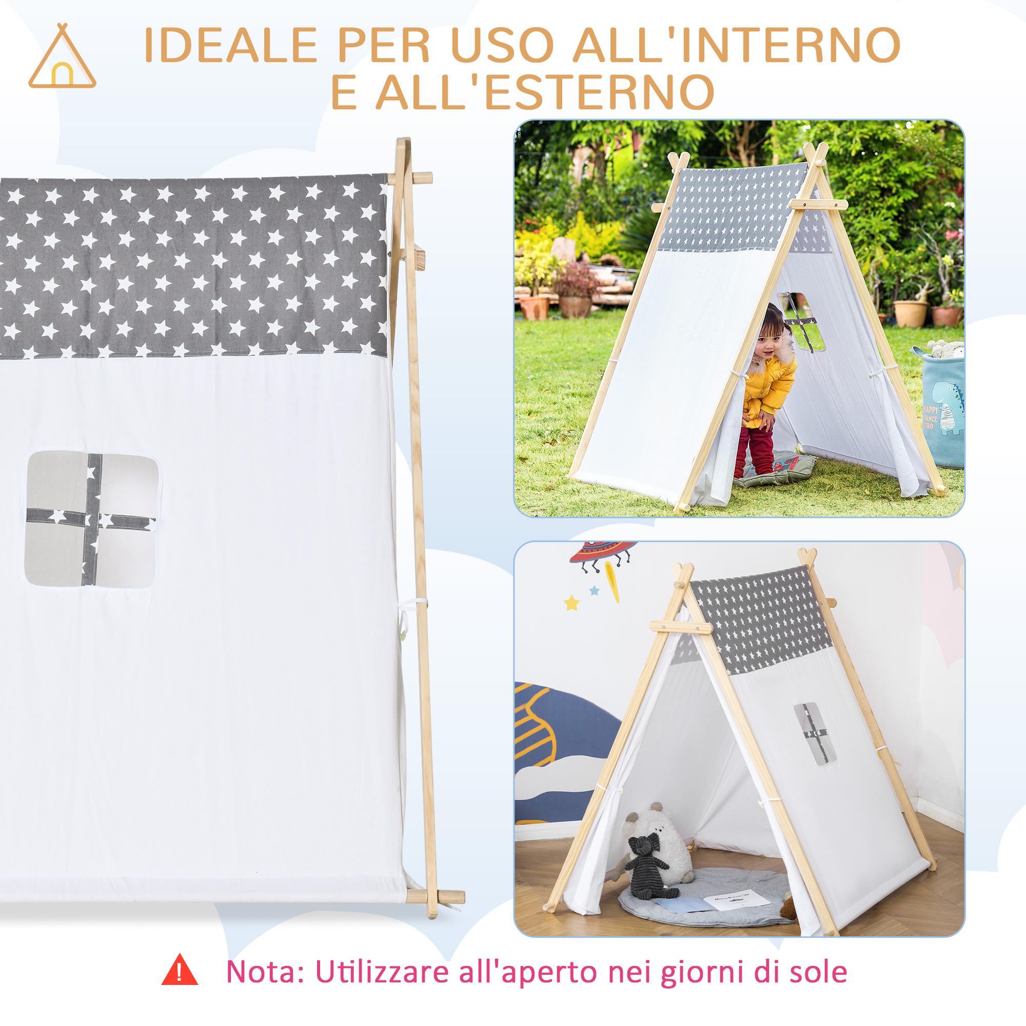 Tenda Indiana per Bambini 130x111x136 cm in Legno e Poliestere Grigia e Bianca