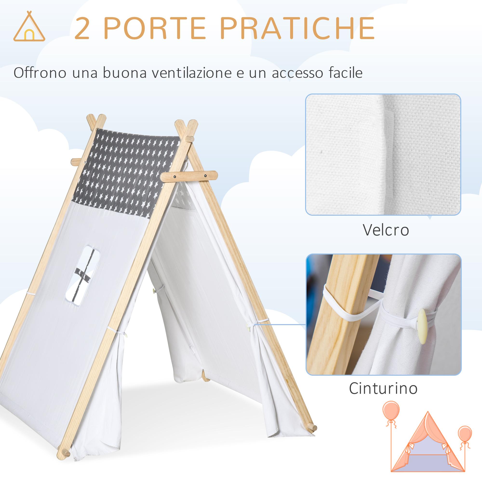 Tenda Indiana per Bambini 130x111x136 cm in Legno e Poliestere Grigia e Bianca