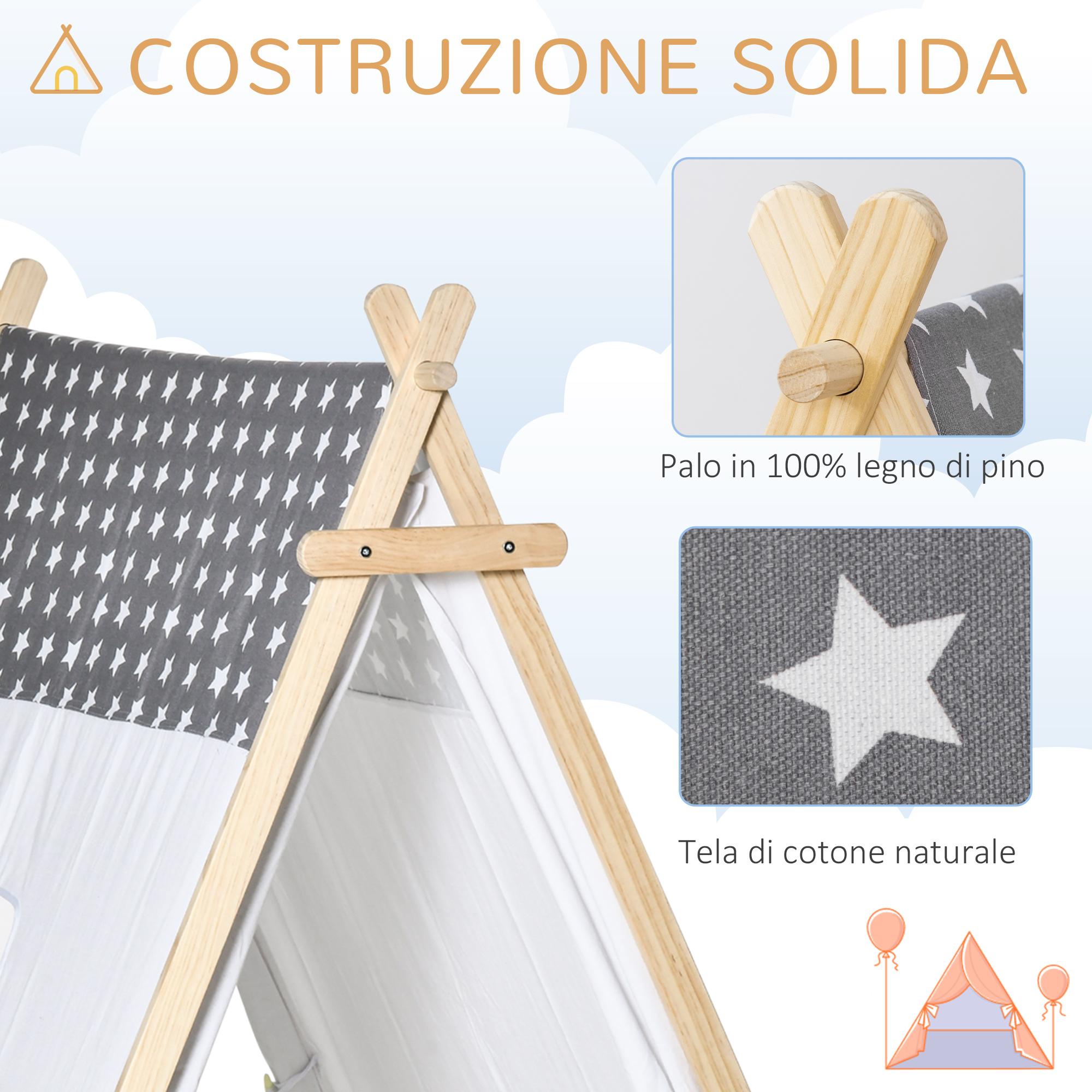 Tenda Indiana per Bambini 130x111x136 cm in Legno e Poliestere Grigia e Bianca