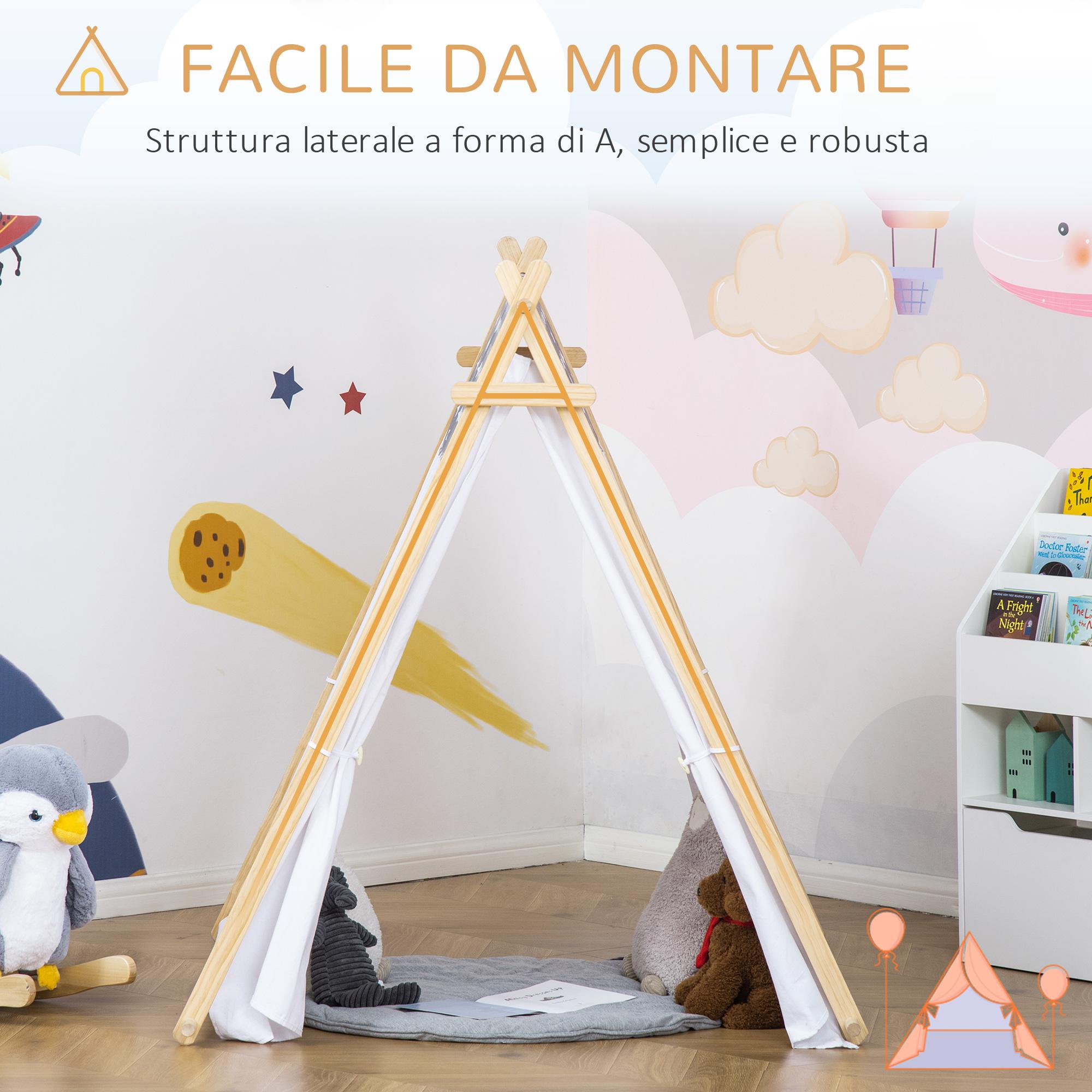 Tenda Indiana per Bambini 130x111x136 cm in Legno e Poliestere Grigia e Bianca