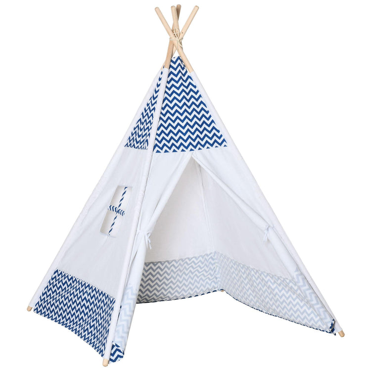 Tenda Indiana per Bambini 120x120x155 cm in Tessuto e Legno Bianco e Blu