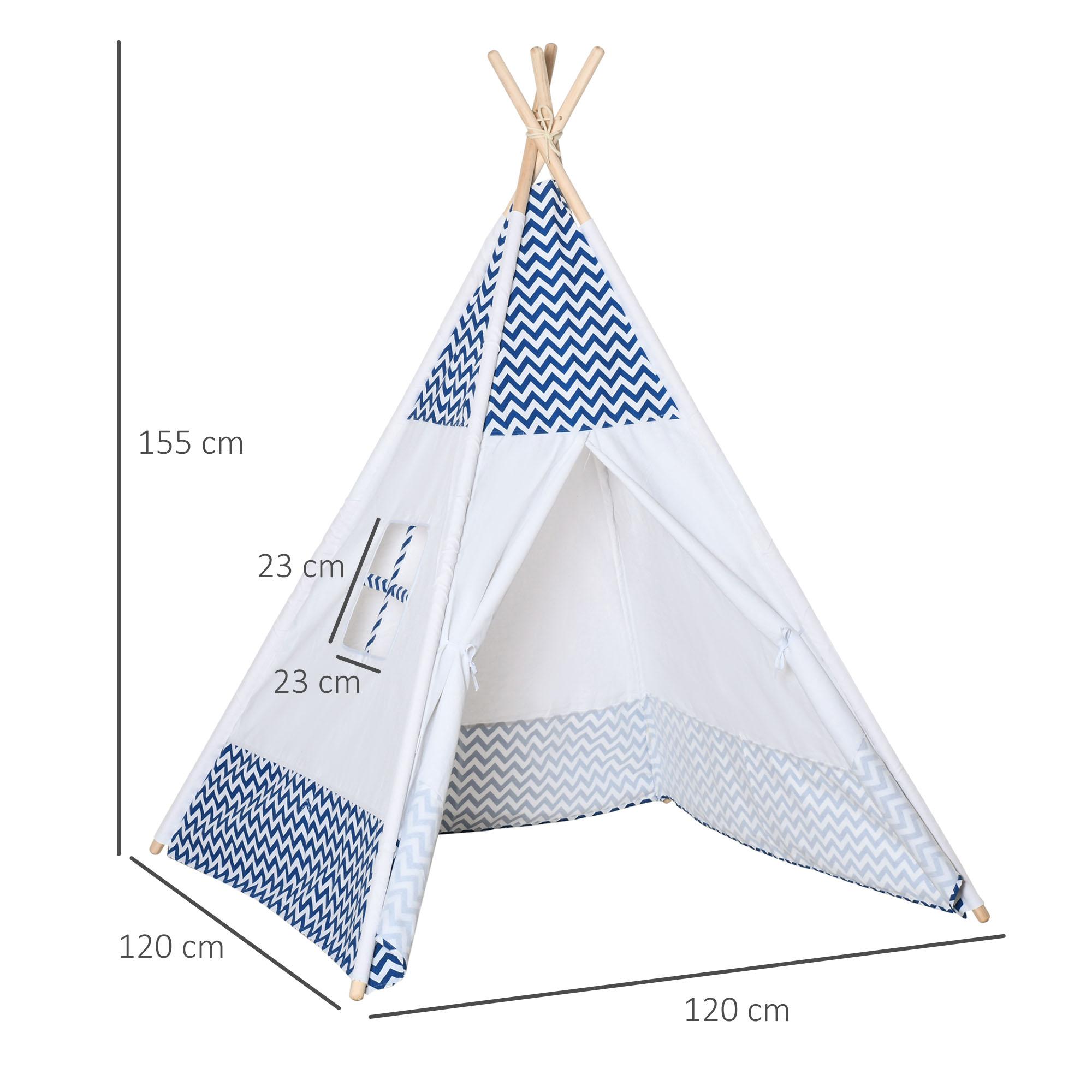 Tenda Indiana per Bambini 120x120x155 cm in Tessuto e Legno Bianco e Blu