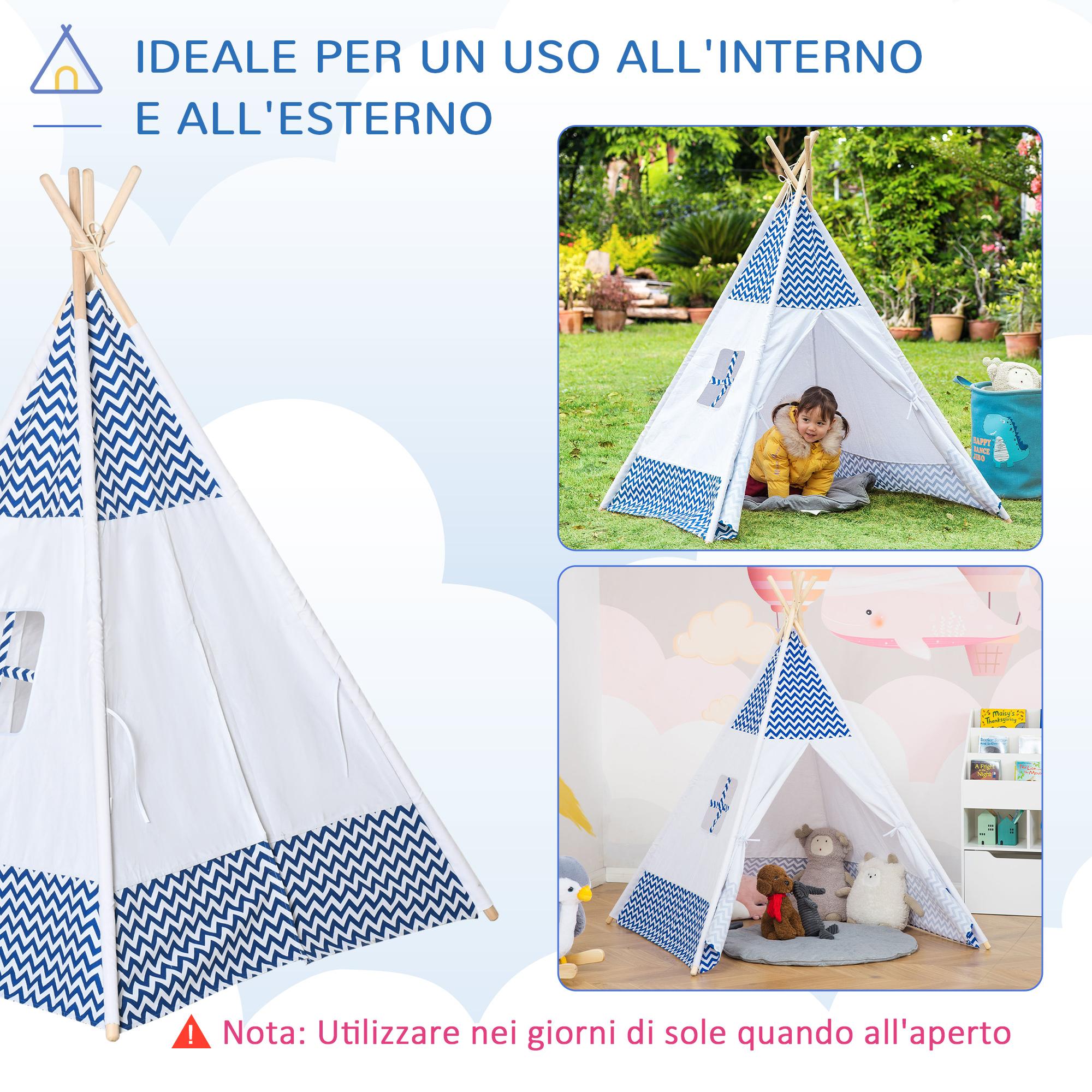 Tenda Indiana per Bambini 120x120x155 cm in Tessuto e Legno Bianco e Blu