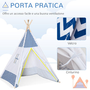 Tenda Indiana per Bambini 120x120x155 cm in Tessuto e Legno Bianco e Blu