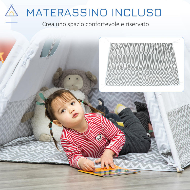 Tenda Indiana per Bambini 120x120x155 cm in Tessuto e Legno Bianco e Blu