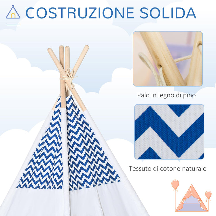 Tenda Indiana per Bambini 120x120x155 cm in Tessuto e Legno Bianco e Blu