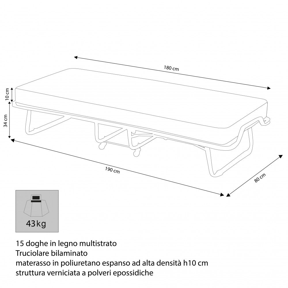 Letto Singolo Brandina Pieghevole 80x190x34 cm con Materasso H10 cm