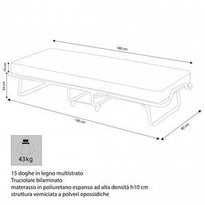 Letto Singolo Brandina Pieghevole 80x190x34 cm con Materasso H10 cm