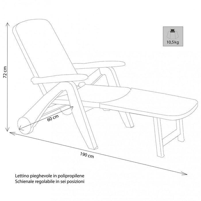 Lettino Prendisole da Giardino Cancun con Ruote 72x190x60 h cm in Plastica Bianco