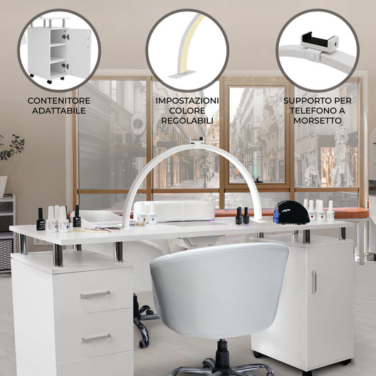 Tavolo Professionale per Manicure & Lampada Mezzaluna LED 79cm  Scrivania per Salone di Bellezza per Unghie