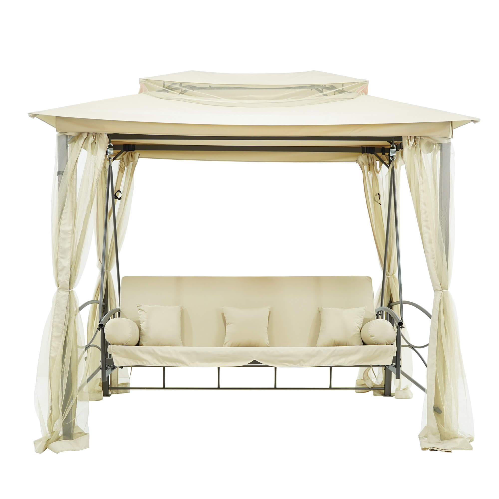 Dondolo Letto 3 Posti 255x175x250 cm con Copertura a Gazebo e Zanzariera Beige