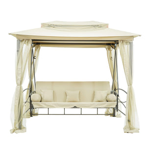 Dondolo Letto 3 Posti 255x175x250 cm con Copertura a Gazebo e Zanzariera Beige