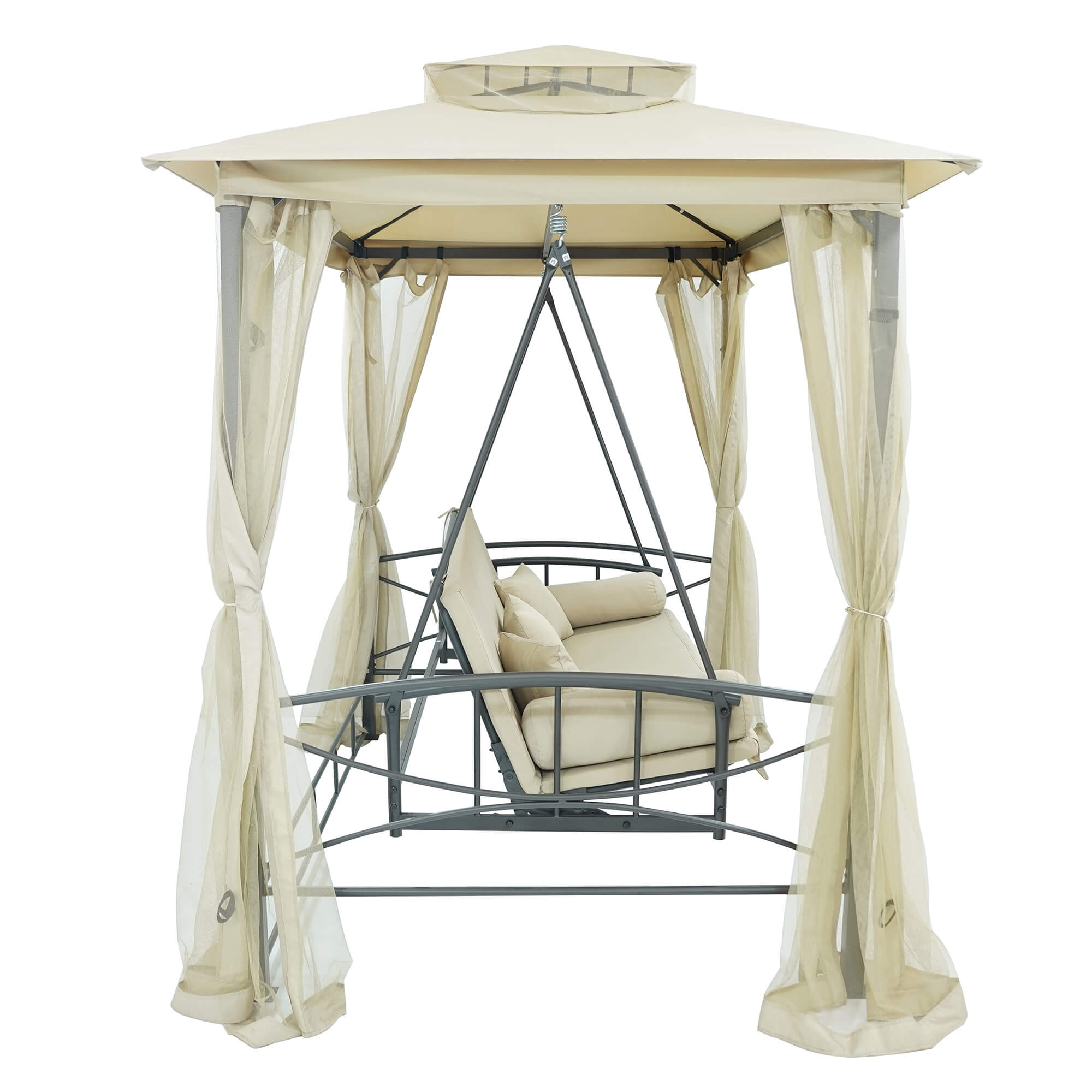 Dondolo Letto 3 Posti 255x175x250 cm con Copertura a Gazebo e Zanzariera Beige