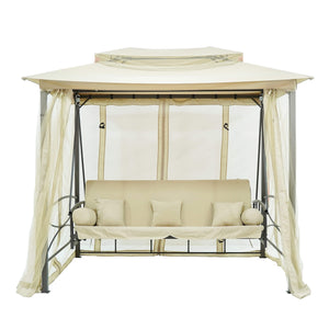 Dondolo Letto 3 Posti 255x175x250 cm con Copertura a Gazebo e Zanzariera Beige