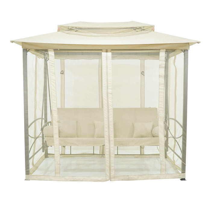 Dondolo Letto 3 Posti 255x175x250 cm con Copertura a Gazebo e Zanzariera Beige