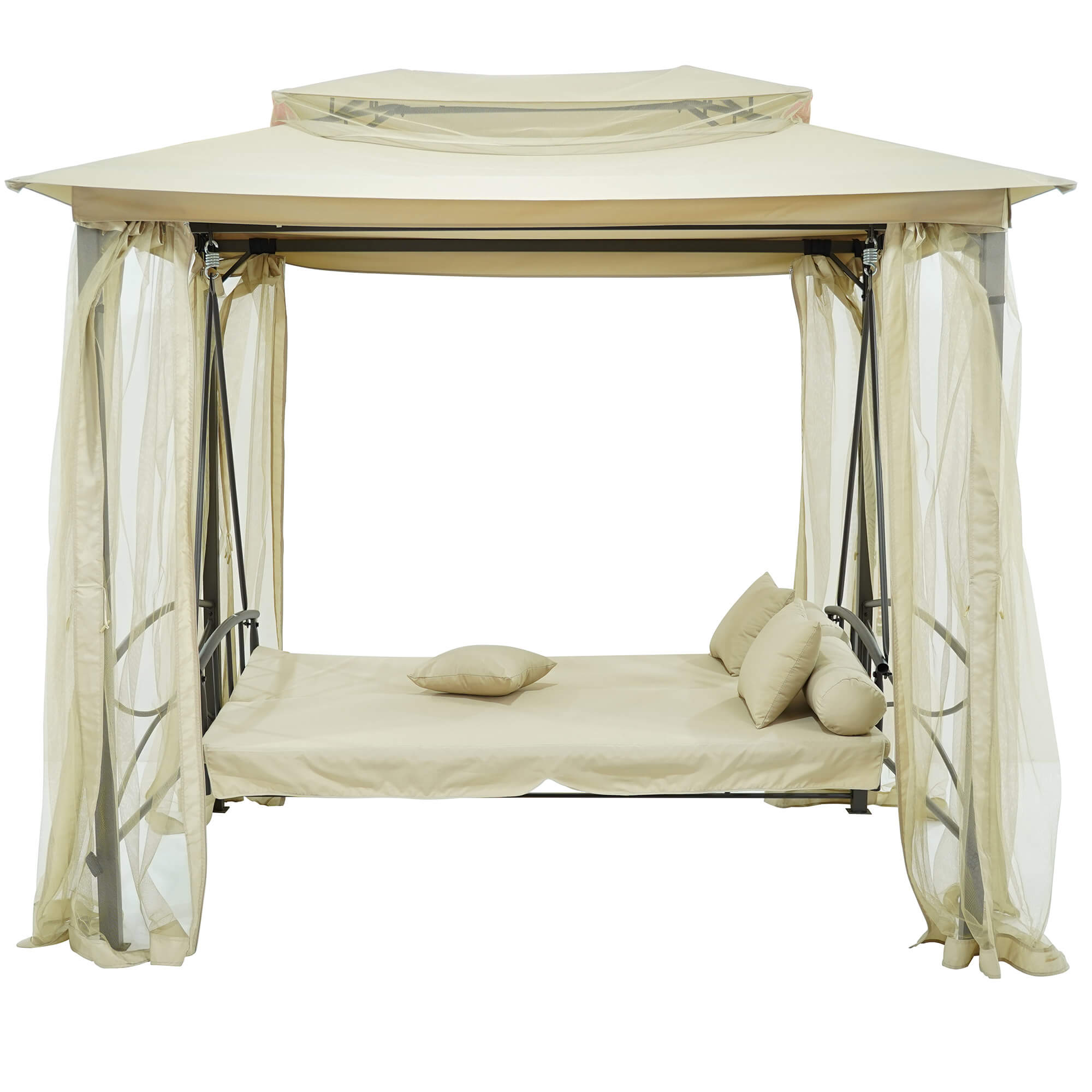 Dondolo Letto 3 Posti 255x175x250 cm con Copertura a Gazebo e Zanzariera Beige