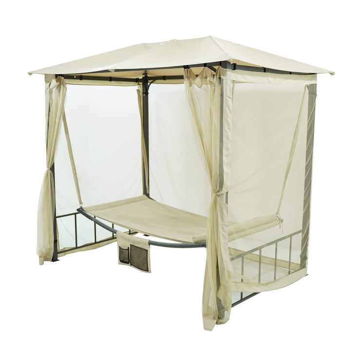 Dondolo Letto 3 Posti 237x155x217 cm con Copertura a Gazebo e Zanzariera Beige