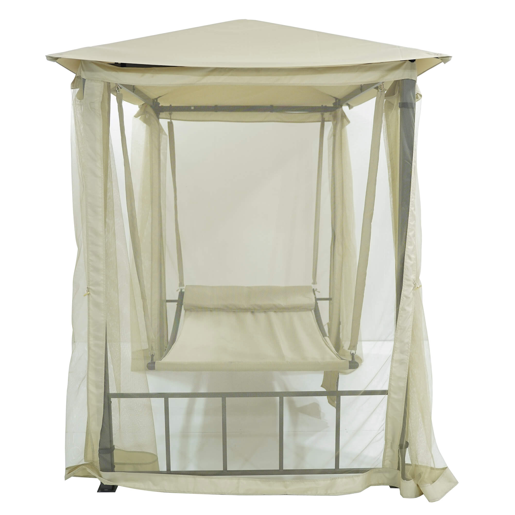 Dondolo Letto 3 Posti 237x155x217 cm con Copertura a Gazebo e Zanzariera Beige