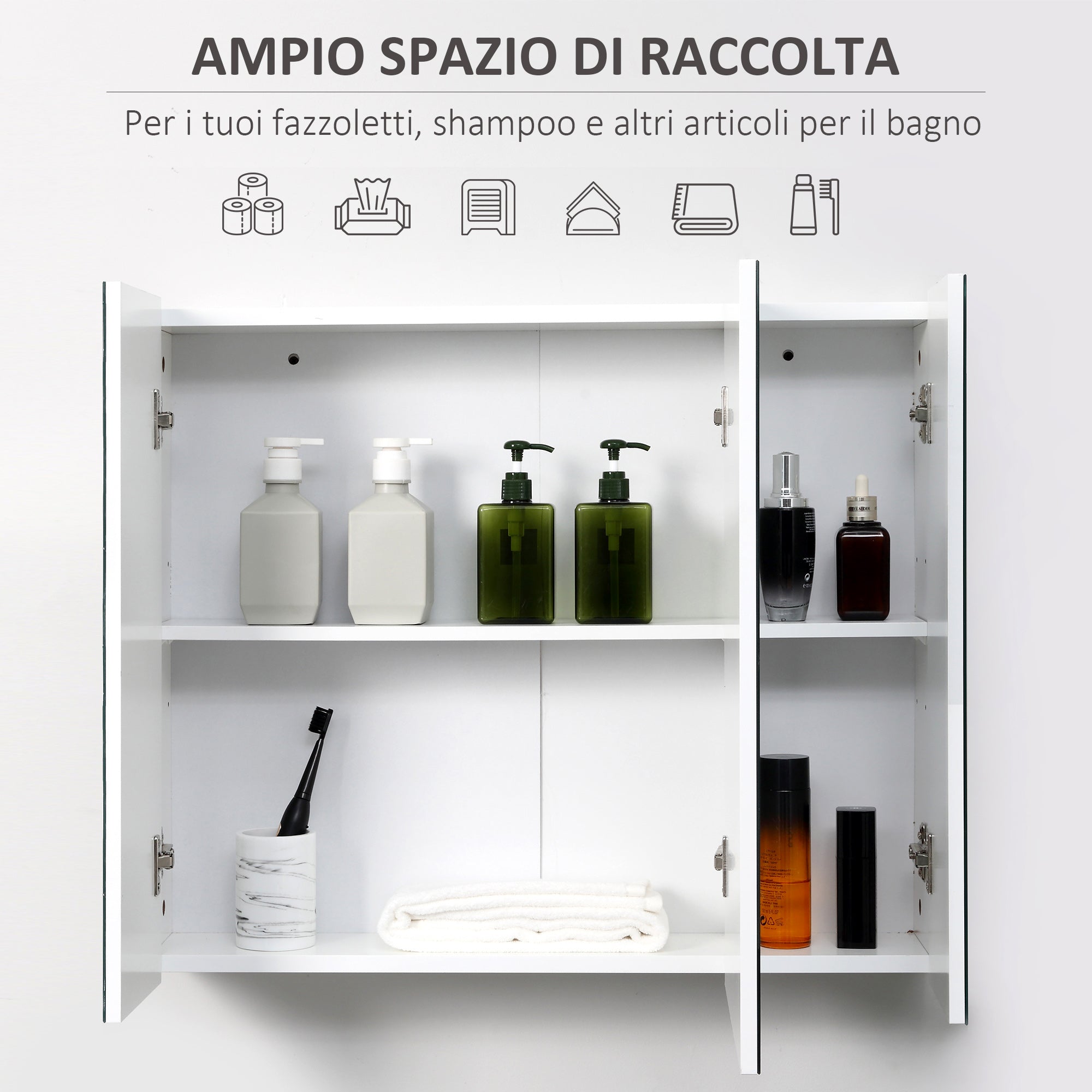 Mobiletto Specchiera da Bagno 3 Ante 70x15x60 cm in MDF Bianco