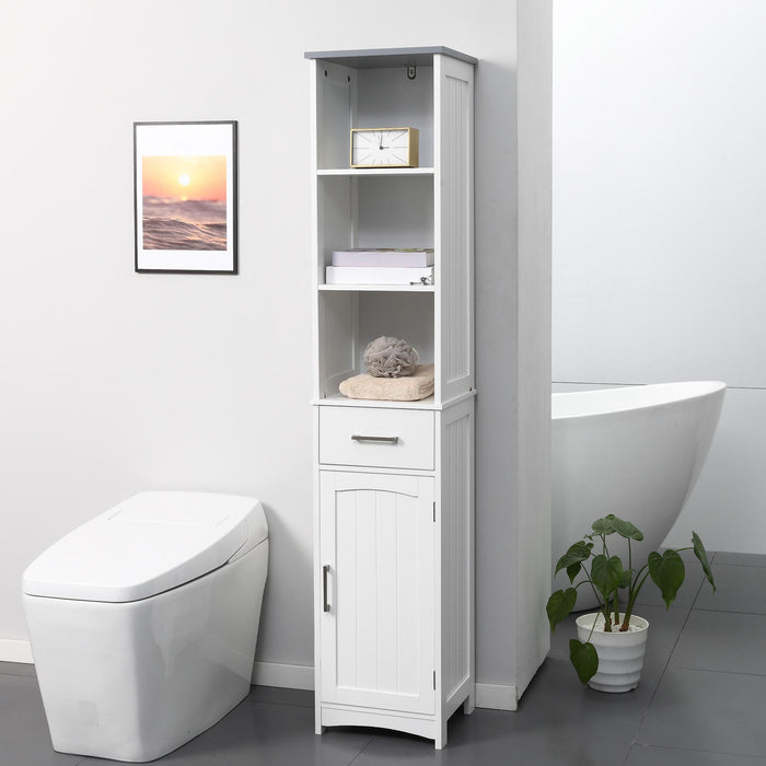 Armadietto Bagno Alto 3 Ripiani 1 Cassetto 1 Anta 34x30x163 cm in MDF Bianco