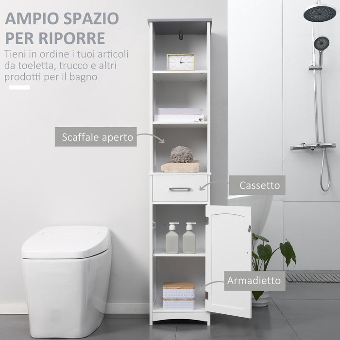 Armadietto Bagno Alto 3 Ripiani 1 Cassetto 1 Anta 34x30x163 cm in MDF Bianco