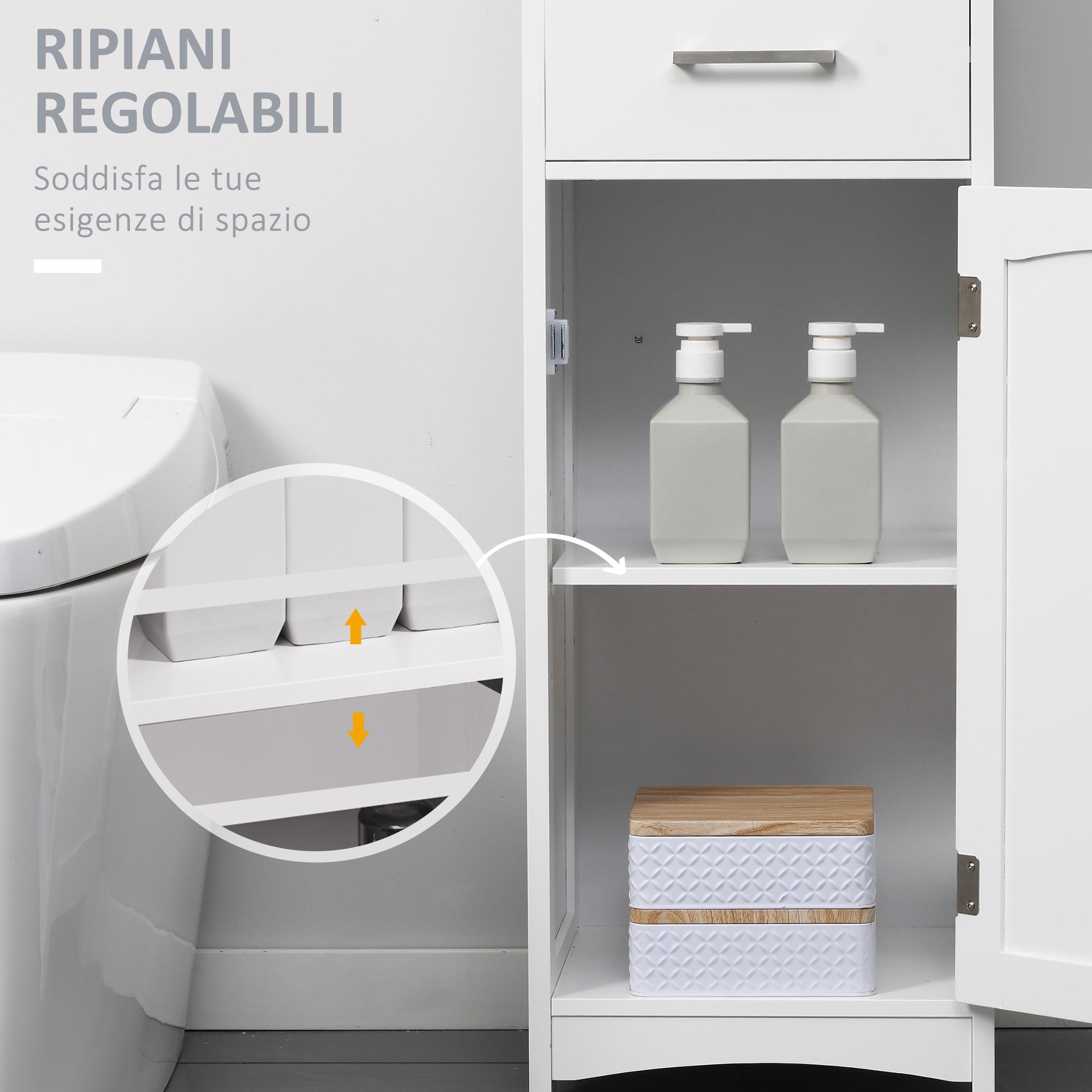 Armadietto Bagno Alto 3 Ripiani 1 Cassetto 1 Anta 34x30x163 cm in MDF Bianco