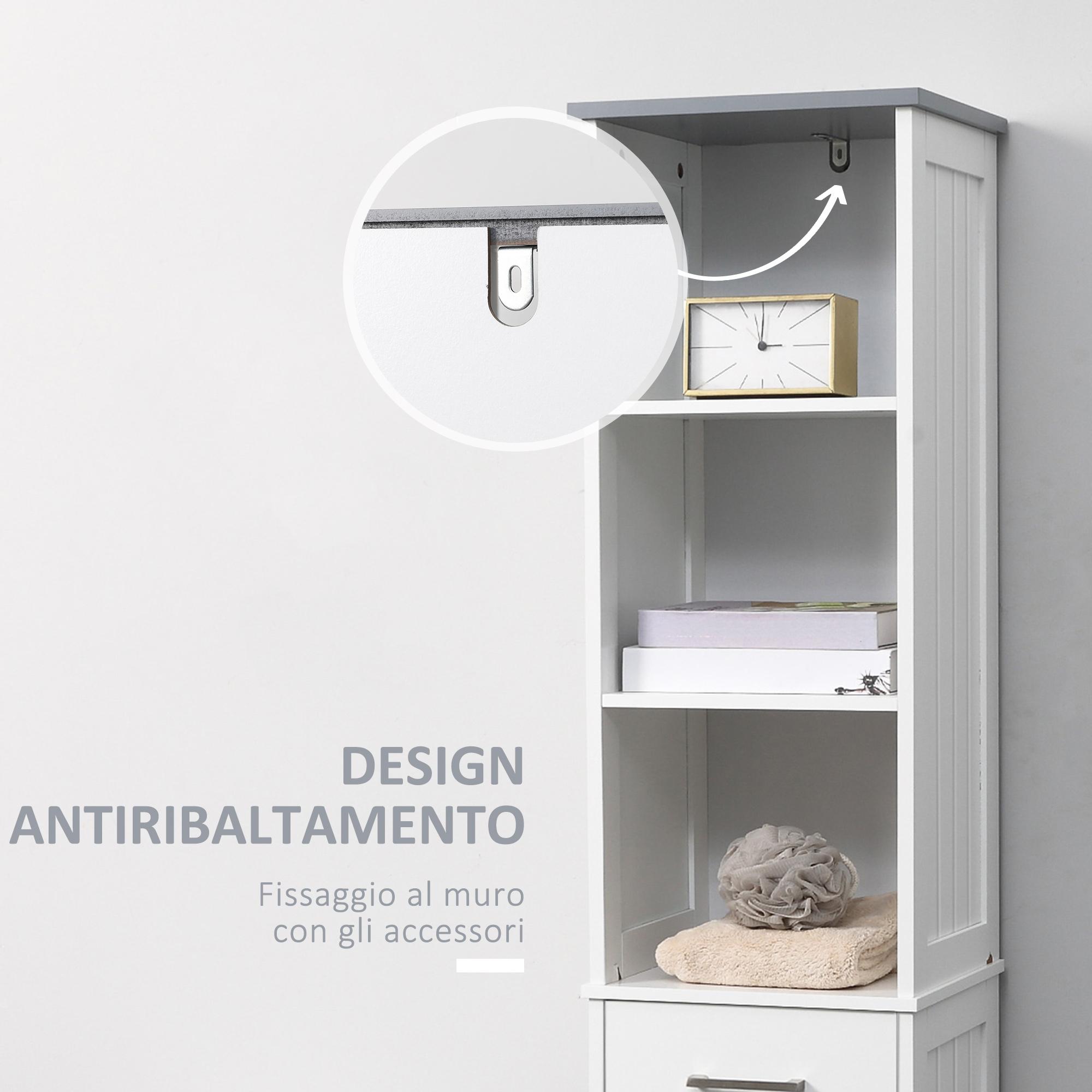 Armadietto Bagno Alto 3 Ripiani 1 Cassetto 1 Anta 34x30x163 cm in MDF Bianco