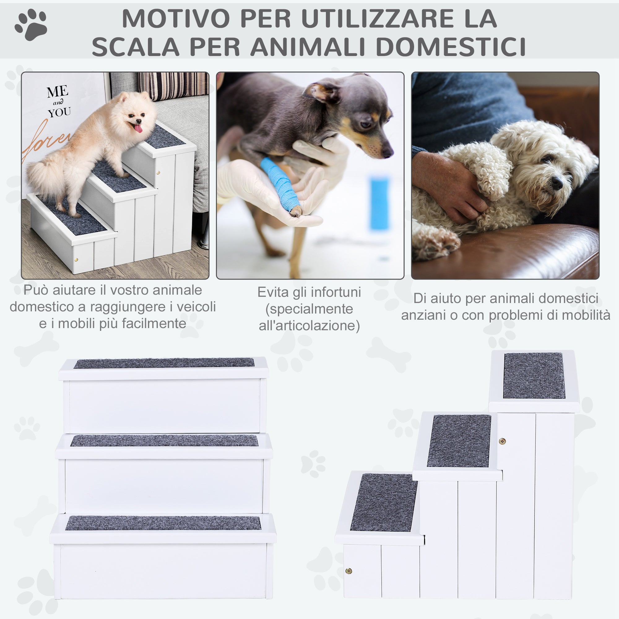 Scaletta per Cani 3 Gradini 40,5x44,5x38 cm in in Legno di Pino Bianco