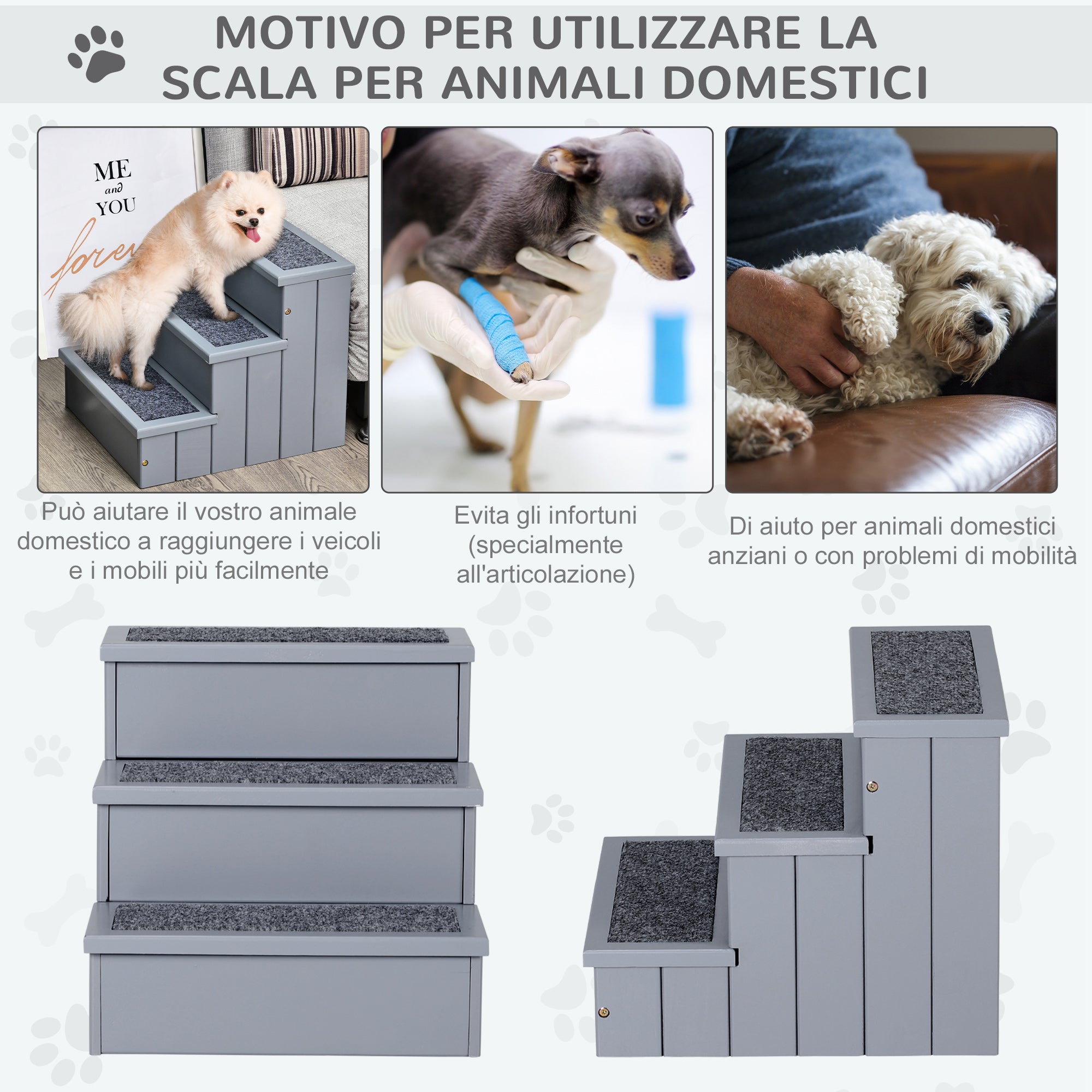 Scaletta per Cani 3 Gradini 40,5x44,5x38 cm in in Legno di Pino Grigio