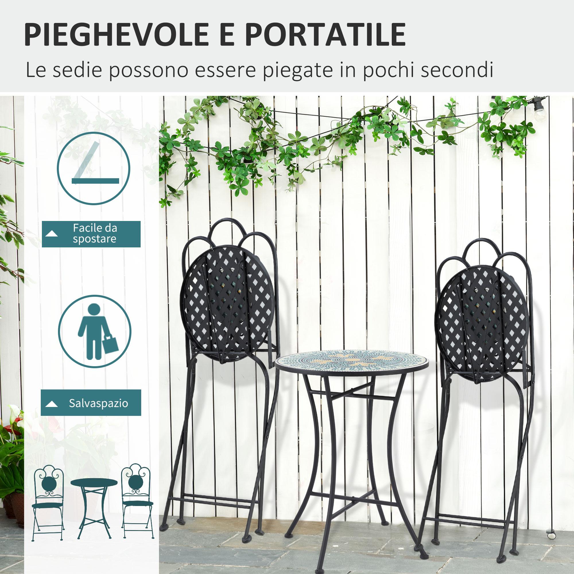 Set Tavolo e 2 Sedie Pieghevoli da Giardino con Mosaico in Metallo