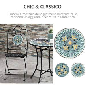 Set Tavolo e 2 Sedie Pieghevoli da Giardino con Mosaico in Metallo